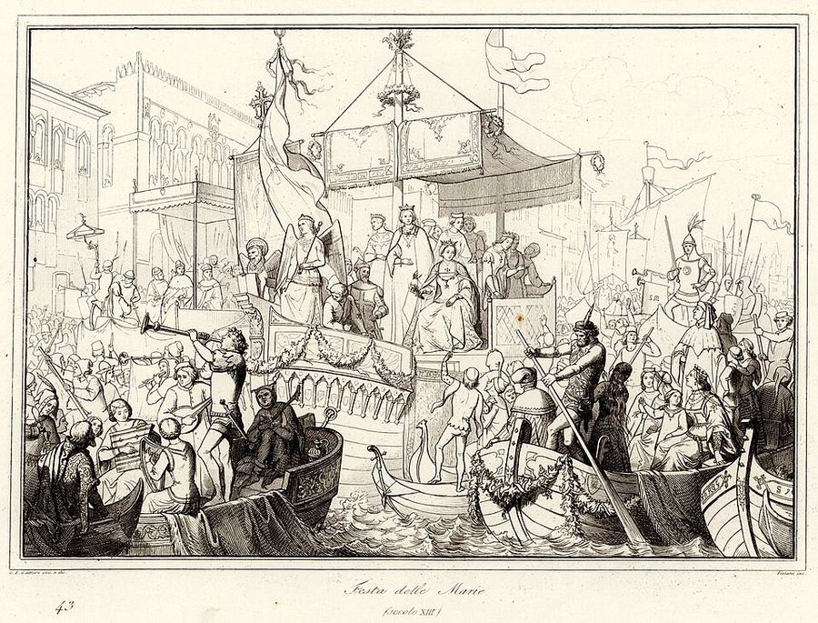 十九世紀版畫想像的十三世紀瑪麗亞節盛況(1863 年)